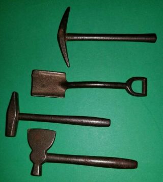 4 Antique Miniature Steel Tools: Pick Axe,  Sledge Hammer,  Shovel And Axe 2 - 5/8 "