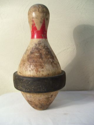 Vintage Wooden Duckpin Bowling Pin W Rubber Band & Peg Hole 9 3/4” Tall