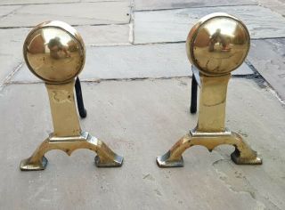 Antique Vintage Plain Orb Solid Brass And Cast Iron Fire Dogs Fireplace