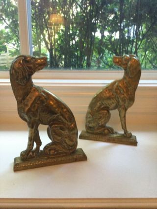 Wonderful Antique Brass Or Bronze Metal Hunting Dogs Book Ends