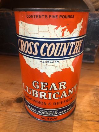 Vintage Rare Cross Country Sears Roebuck 5 Lb Gear Lubricant Tin Metal Can Oil