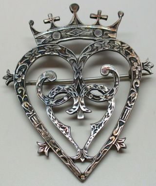 Vintage Sterling Silver Chunky Scotland Crown & Heart Brooch Pin By Iota - Rare