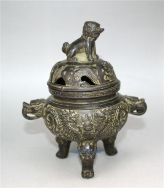 Chinese Bronze Carved Dragon Lion Cover Incense Burner W Xuande Mark