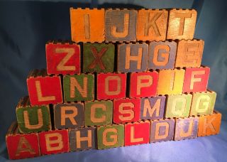 Vintage Set Of 30 Antique Wood Blocks Embossed Alphabet Animals Objects