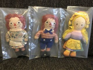 3 Vintage Raggedy Ann Dolls In Bags 7 " Raggedy Ann - Andy - Babette Rare