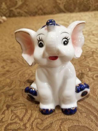 Vintage China Blue And White And Gold Porcelain Animal Elephant Statue