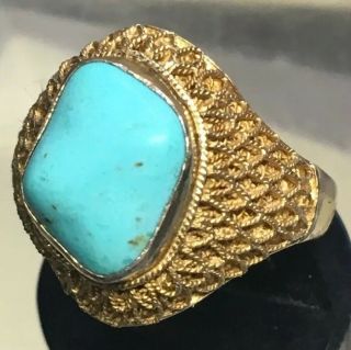 Vintage Chinese Gold Washed Silver Ring With Turquoise Nugget