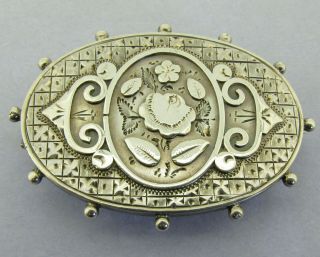 Antique Victorian Sterling Silver Pretty Floral Panel Brooch Pin Birmingham 1887