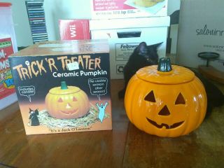 Rare Vintage Trick ‘r Treater Ceramic Pumpkin Jack O Lantern W Box Halloween