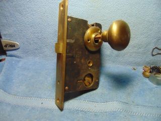 Large vintage mortis door lock,  brass knobs,  & knob plates,  no key for lock. 2