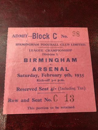 Very Rare Orig Arsenal - Pre War - League Away V Birmingham 9th Feb 1935