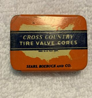 Vintage Antique Cross Country Tire Valve Cores Tin,  Sears Roebuck And Company