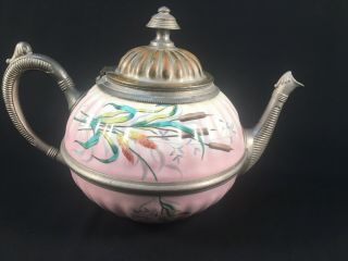 Antique Hand Painted Enamelware Pewter Cattails Flowers Enamel Teapot
