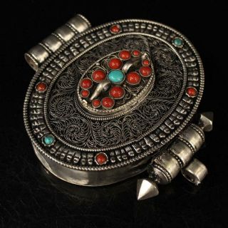 Tibet Tibetan Silver Filigree Inlay Turquoise Gem Jewelry Storage Box Boxes C02e
