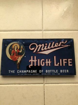 Rare 1940s 50s Miller High Life Girl On The Moon Rog On Glass Beer Bar Sign