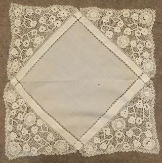 Irish Linen Square Cloth,  White.  18” X 18” Intricate Crochet Border.