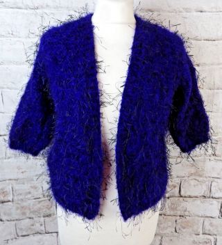 Vintage Fluffy Hand Knitted Eyelash Mohair Cardigan 3/4 10 Bust 36 " Sleeve Fuzzy