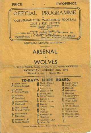 Football Programme Ultra - Rare Wolves Wolverhampton Wanderers V Arsenal 1946