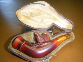 Rare Antique Meerschaum Carved Eagle Pipe With Case