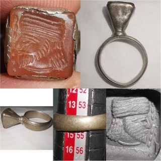 Silver Agate Stone Old Lovely Sassanian King Face Intaglio Ring 54