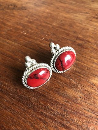 Vintage Antique Mexican Sterling Silver Pierced Red Stone Earrings Marked 925