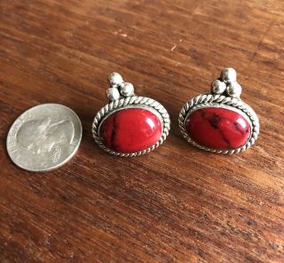 Vintage Antique Mexican Sterling Silver Pierced Red Stone Earrings Marked 925 2