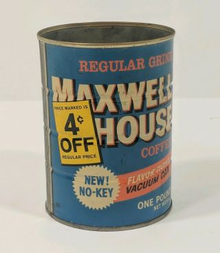 Vintage 1 Lb.  Maxwell House Coffee Can Tin “4 Cents Off”/ Rare No Coffee Cup.