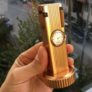 Antique Vintage Cygnus Japan Table Lighter With Swiss Watch Rare