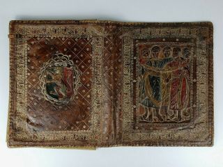 C.  1900 Antique Italian Leather Bible/ Book Cover Lion Crest Roman Men