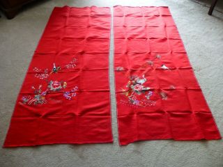 Oriental Chinese Embroidered Red Silk Fabric Curtain Panels,  Pillows 27 " X 64 "