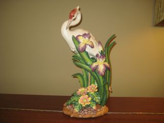 Fitz And Floyd Classics Crane Egret Heron Figurine Purple Iris Reeds Vtg Rare