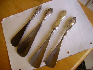 Antique Group Of 4 Hallmarked Silver Handled Shoe Horns Dating 1902 - 1913.