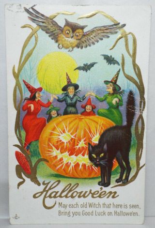 Antique Halloween Stecher Postcard Witches 216d Slc 1912 Cat Owl Jol Vintage