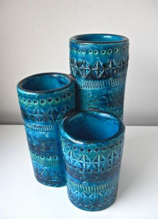 Bitossi Rimini Blue " 3 Vases Attached " By Aldo Londi Vintage Rare 60s Ex