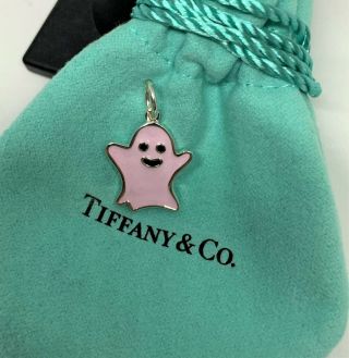 Rare Tiffany & Co.  Sterling Silver 925 Pink Enamel Halloween Ghost Charm W Pouch