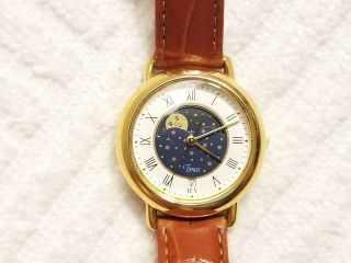 Vintage Timex Moon Phase Gold Tone Watch Roman Numerals Brown Leather Strap
