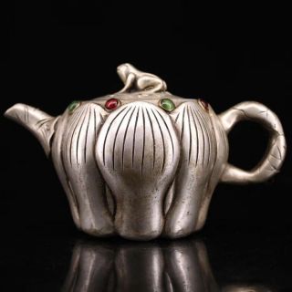 Chinese Collectable Tibet Old Miao Silver Carve Beauty Lotus Inlay Agate Tea Pot