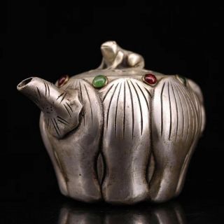 Chinese Collectable Tibet Old Miao Silver Carve beauty Lotus Inlay Agate Tea Pot 2