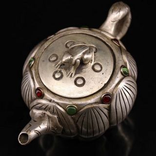 Chinese Collectable Tibet Old Miao Silver Carve beauty Lotus Inlay Agate Tea Pot 3