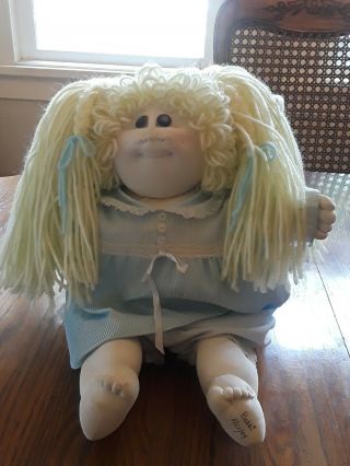 Cloth Soft Sculpture Cabbage Patch Faux Doll Rare Handmade Blonde Yarn Fabric