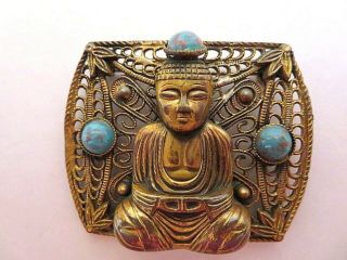 Rare Signed Gray Kingsburg 1920s Art Deco Buddha Pin W/ Turquoise Stones