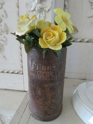 Wonderful Old Vintage Metal Advertising Oil Can Goldenrod Repurposed Vase Patina