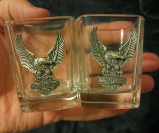 2 Harley Davidson Square Shot Glasses With Pewter Eagle Emblem Very Rare
