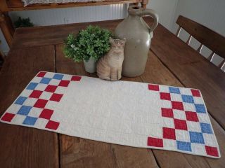 Antique Patriotic Red White Blue Checkerboard Table Runner Quilt 24x10
