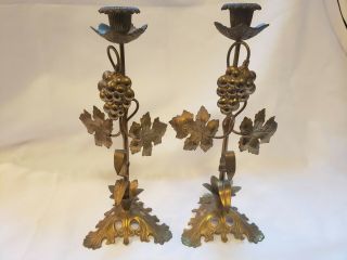 Antique Victorian Brass Candlesticks Rare Grape And Leaf Elaborate Design