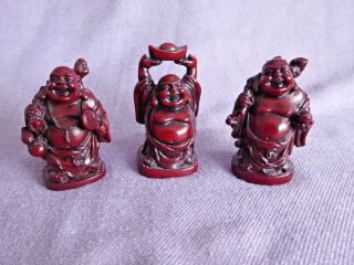 3 Vintage Dark Red Resin Happy Buddhas