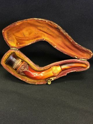 Antique Hand Carved Wooden Smoking Pipe With Wood Case - Vintage & Rare