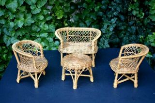 Vtg Willow Wicker 4 - Pc Couch Chairs Table Doll House Furniture Barbie Compatible