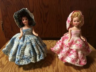 Two Vintage Dolls Knickerbocker Plastic Co.  Glendale Calif.  8 " Crocheted Dress