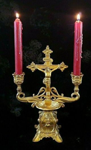Antique Jesus Crucifix Candlestick Holy Water Font Candelabra